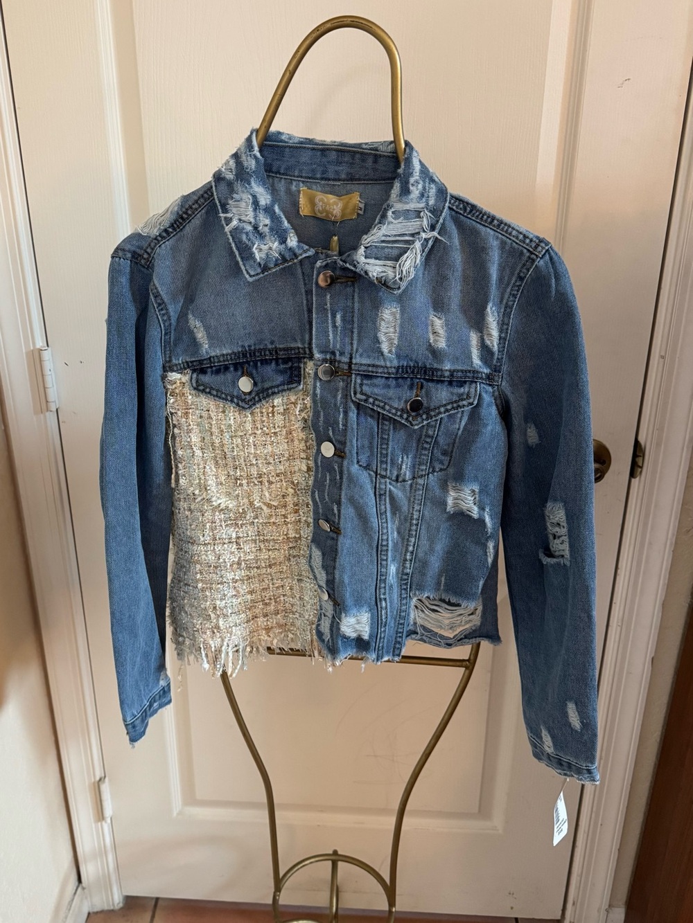 F & 2 Distressed Blue Denim Jacket with Tweed Panel